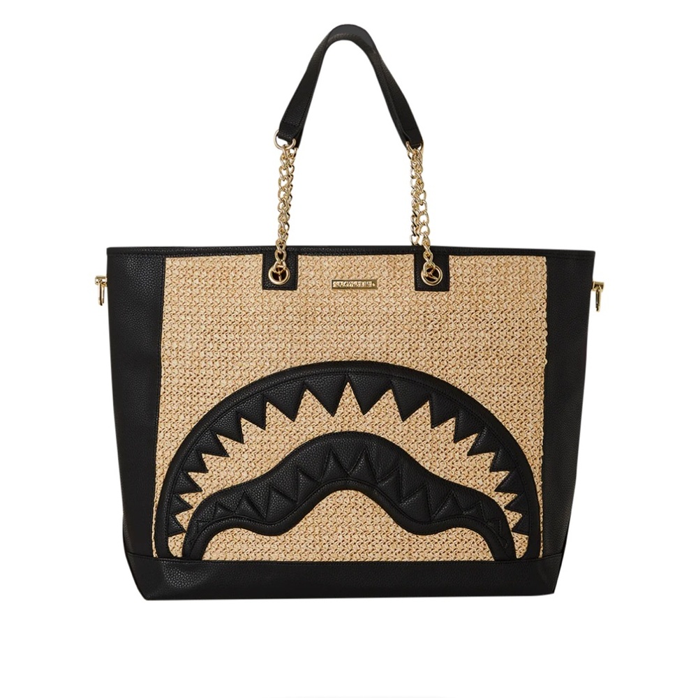 Sprayground Black and Tan Tote with Gold Accents RAFFIA PALM TOTE